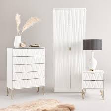 White Gloss Bedroom Furniture With 3d Faceted Doors Drawers In 2020 White Gloss Bedroom Furniture Bedroom Furniture Uk Bedside Chest