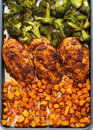 Sheet Pan Roasted Chicken Sweet Potatoes Broccoli Meal Prep Gimme Delicious