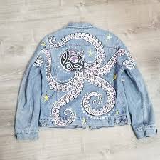Remused Denim Jacket With Octopus Design Etsy Feather Design Denim Jacket Upcycled Denim Jacket