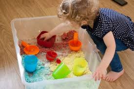 I simply went through my drawers and cupboards and pulled out items such as trays, containers, bowls and utensils for this rice sensory bin. Coloured Rice Sensory Play The Ladybirds Adventures