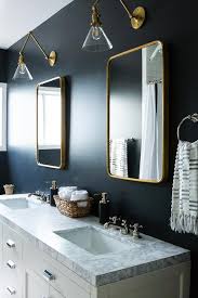 Do you suppose chrome bathroom mirrors looks great? Brass Vanity Mirrors On Black Wall Transitional Bathroom