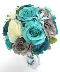 Peony and hydrangea silk flower arrangement autumn. Wedding Bouquet 17 Piece Package Bridal Silk Flowers Teal Gray Turquoise Aqua Ebay