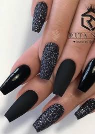 Coffin Black And Silver Glitter Nails 70 Simple Black Coffin Nail Designs For Winter Holidays Gold Glitter Nails Black Nails With Glitter Silver Glitter Nails