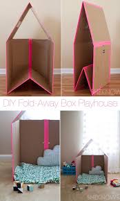 Diy Fold Away Cardboard Box Playhouse Built By Kids Cardboard Box Playhouse Diy Kids Rooms Diy Diy Playhouse