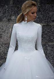 Discount 2019 New High Neck Long Sleeves Lace A Line Muslim Wedding Dresses Satin Empire Lace Applique Zipper Tulle Winter Wedding Bridal Gowns Beach Wedding Dr High Neck Wedding Dress Ball
