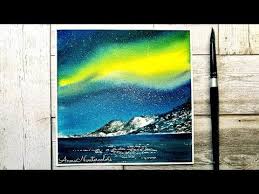 Night Sky Watercolor Painting Easy Northern Lights Simple Landscape Aurora Bo Northern Lights Watercolor Aurora Borealis Painting Watercolor Paintings Easy