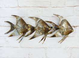Vintage 50s Mid Century Metal School Of Fish Wall Art Hanging Brass Sculpture Brutalist Primitive Fish Wall Art Hanging Wall Art Vintage Wall Art