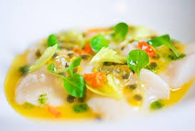 Scallop Crudo With Passion Fruit Celery Leaves Shiso Oil Raw Scallops Recipe Appetizer Recipes Scallop Recipes