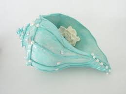 Queen conch with purple tips. Hand Painted Conch Shell Aqua With Pearls Cording By Ginalimosaics 45 00 Seashell Painting Painted Shells Seashell Crafts