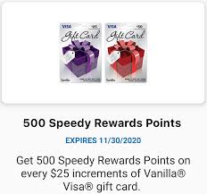 Is there a fee for vanilla visa gift card? Expired Speedway Earn 500 Speedy Rewards Points For Every 25 Of Vanilla Visa Gift Cards Gc Galore