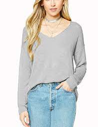 Plus women's striped floral cowl. Grey Casual Deep V Neck Sweater Knit Top Women Tops
