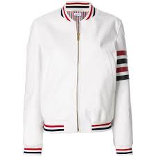 Thom Browne Bomber Jacket 4 490 Liked On Polyvore Featuring Outerwear Jackets White Striped Leather Jacket White Leather Jacket Coloured Leather Jacket