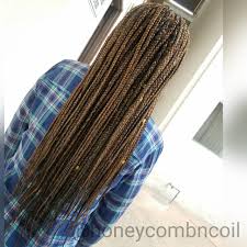 Mixed Black And Blue Box Braids Past Waist Length Box Braids In A Blonde Custom Color Mix Colored Box Braids Braids Box Braids Hairstyles