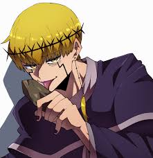 cell war, mashle, highres, 1boy, black nails, blonde hair, capelet, facial  mark, hairband, himazinn100, licking, long sleeves, purple capelet, rock,  short hair, solo, spiked hairband, spikes, upper body, yellow eyes - Image