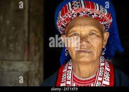 Woman in traditional dress, Hoang Lien Son Mountains with colourful flowers  in the foreground, Cat Cat Village, Sa Pa, northwestern Vietnam Stock Photo 