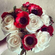 Red White And Black Bridal Bouquet With Vandella Roses And Anemones Rachelle Soucy Flower Boutique Bridal Bouquet Floral Studio