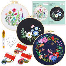 If you have never stitched on black fabric before, this is a great starter project. Amazon Com Caydo 3 Sets Embroidery Starter Kit With Pattern And Instructions Cross Stitch Kit Include 3 Embroidery Clothes With Floral Pattern 3 Plastic Embroidery Hoops Color Threads And Tools