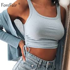 Forefair Ribbed Sexy Tank Tops Summer Women Lace Up Bandage Sleeveless Knitted Solid Baby Blue Crop Top Tank Tops Aliexpress