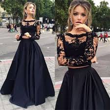 Party Prom Dress 2016 A Line Prom Dress Black Lace Prom Dress Charming Pr Prom Dresses With Sleeves Prom Dresses Long With Sleeves Two Piece Evening Dresses