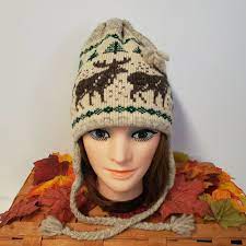 Vtg 80s Ll Bean 100 Wool Moose Fir Tree Ear Flap Winter Hat Unisex Llbean Ski Winter Hats Ear Flap Winter