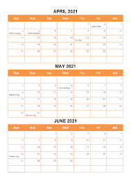 Free june 2021 calendar printable with styles including sections by date, numbers in different position of the box, holidays etc. Free April May June 2021 Calendar Printable Pdf Word Excel Template