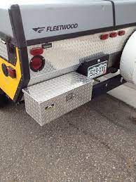 I custom fabricate a rack to hold our new rv bumper storage box and show you our must have camp set up gear. Tool Box Mounted To Rear Bumper Pop Up Camper Camper Awnings Tent Trailer