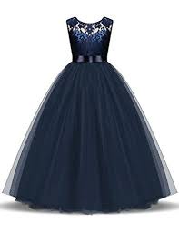 Nnjxd Girl Lace Sleeveless Flower Party Tutu Princess Tulle Dress Size 170 13 14 Years Dark Blue Girls Formal Dresses Girls Long Dresses Kids Dresses