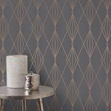 Goodhome Ajuga Charcoal Art Deco Rose Gold Effect Textured Wallpaper Colorful Interior Design Art Deco Interior Diy Wallpaper