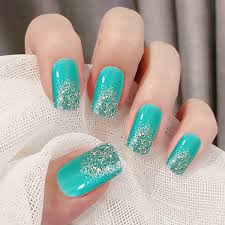 Powder dipped nail designs ombre at duckduckgo #nails #nailart #nailpolish #geln… and quickly added to our site. Amazon Com Urieo Glossy Press On Nail Mint Blue Long Square Glitter Fake Nails Artificial Acrylic Bling Full Cover False Nails For Women And Girls 24 Pcs Beauty