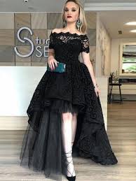 Black Short Sleeves A Line Princess Newest Tulle Prom Black Lace Evening Dress Lace Evening Dresses Black Lace Prom Dress