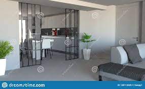 Nos conseils pour bien choisir votre porte coulissante selon la pièce. Separation De Porte Coulissante De Salon Et De Cuisine Entree Moderne D Appartement Style Industriel Illustration Stock Illustration Du Interieur Moderne 128113925