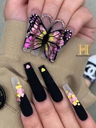 Black And Purple Butterfly Nails Gorgeous Coffin Clear Butterfly Nails With Black Matte Nails With Rhinestones And Gold Pink In 2020 Cute Acrylic Nail Designs Butterfly Nail Butterfly Nail Designs
