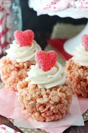 Valentines Day Rice Krispie Treat Cupcakes Strawberry Cake Batter Rice Kris Pie Treat Topped With Icing And A Valentine Desserts Crispy Treats Rice Krispies