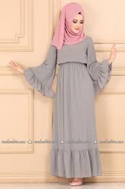 Modaselvim Elbise Volan Kollu Sifon Elbise 4034mb205 Gri Sifon Elbise Elbiseler Elbise