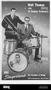 An Slingerland drums advertisement from a 1960s music magazine featuring  bandleader Si Zentner and his drummer, Walt Thomas Stock Photo