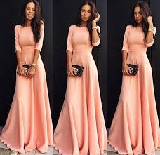 Coral Long Satin With Half Sleeves A Line Floor Length Bridesmaid Dress Elegant Maxi Dress Floral Dresses Long Long Maxi Dress