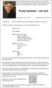 Overleden Trudy Hartman Van Eck 19 07 1931 08 04 2020