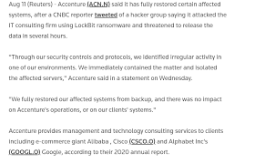 Key financials (last fiscal year). Vx Underground On Twitter Accenture Through Our Security Controls And Protocols We Identified Irregular Activity In One Of Our Environments We Immediately Contained The Matter And Isolated The Affected Servers After 6tb
