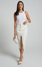 Janeve Midi Skirt - Front Split Denim Skirt in Ecru