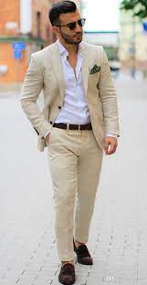 Custom Khaki Linen Groom Tuxedos Wedding Suits For Men Notched Lapel Two Buttons Man Blazer Coat Fashion Suits For Men Wedding Suits Men Designer Suits For Men