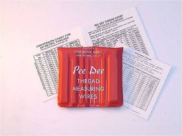 Pee Dee thread measuring wire set with conversion charts, AI generated