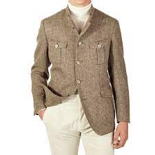 Eduard Dressler Beige Herringbone Wool Safari Jacket Baltzar Safari Jacket Men Shirt Style Safari Shirt