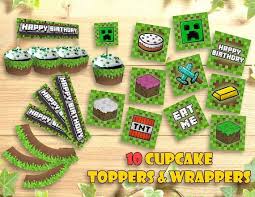 Here you have some free printable cake toppers for your minecraft. Mine Themed Cupcake Topper Wrappers Happy Birthday Party Printable Toppers Decoration Food Ten Happy Birthday Parties Themed Cupcakes Minecraft Cupcake Toppers