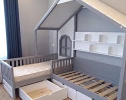Solid Wood And Plywood L Shape Nook Double Bed With Drawers Etsy In 2020 House Frame Bed Toddler House Bed House Beds For Kids