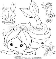 40 cute, unique coloring pages. Beautiful Mermaid And Sea Animals Vector Black And White Coloring Page A Cute Mermaid Seahorse And Seashell With Pearl Canstock