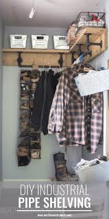 To make this great mobile clothing rack, you need 2 pieces of 1 x 12 x 48 wood shelving, 1 x 4 x 8 pine wood, long wood screws, 1 x 36 galvanized pipe, pipe elbows, floor flange, and other wood screws. How To Make Industrial Pipe Shelving For Your Closet