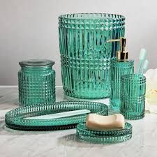Store cosmetics pack of 2 glass vanity canister jars with lids great for storing epsom bath salts, bath crystals, bar soap, cotton balls, swabs, cosmetic pads. 2 Piece Glass Bath Accessory Set By Drew Barrymore Flower Home Walmart Com In 2021 Bath Accessories Set Glass Bathroom Bath Accessories