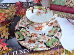 Edwardian Imari Teacup Trio Transferware Ironstone Downton Abbey 1890 1905 Tea Cups Transferware Imari