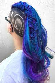 Fade Haircut For Long Blue And Purple Hair Fadehaircut Headtattoo Braidedhairstyle Explore Galaxies With Mermaid Hair Hair Color Purple Beautiful Hair Color