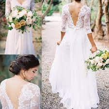 3 4 Sleeve A Line Long Chiffon Dress With Low V Back And Lace Bodice Bu 708719 Boho Wedding Dress Lace Wedding Gowns Lace Chiffon Dress Long